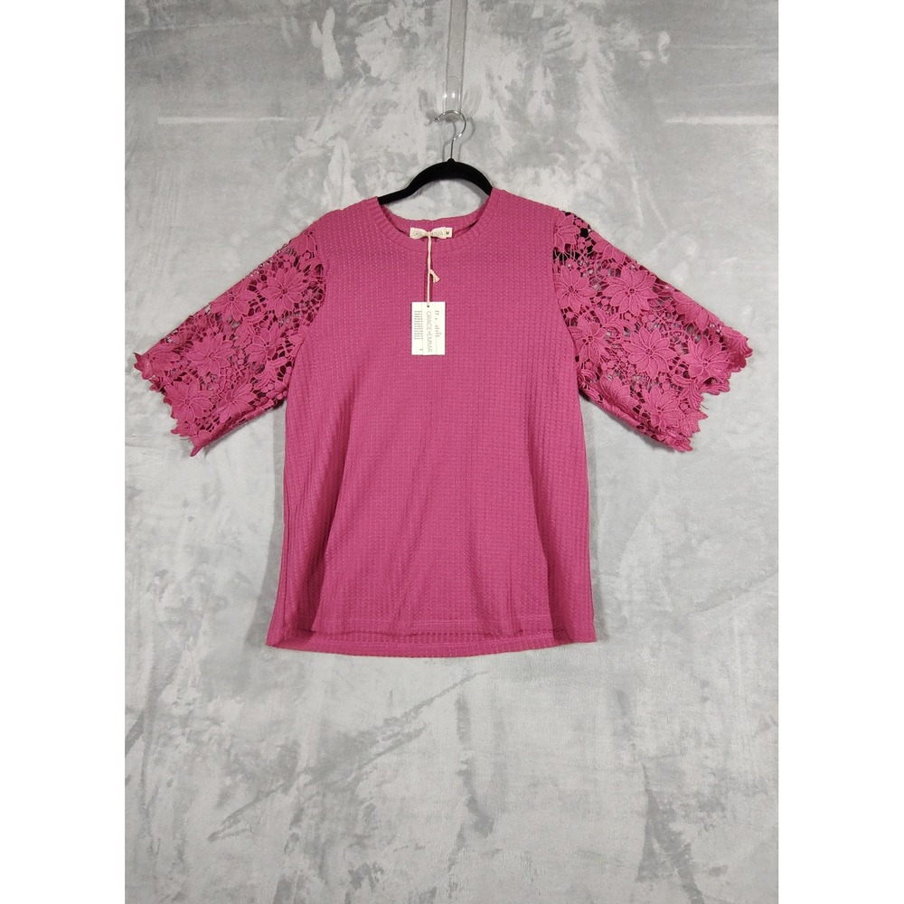 Grace + Emma Magenta Pink Waffle Knit Top Floral Crochet Lace Sleeve Medium NWT